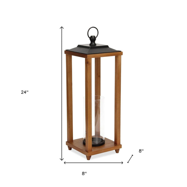 24" Black And Brown Distressed Geometric Metal And Solid Wood Floor Lantern Candle Holder HomeRoots