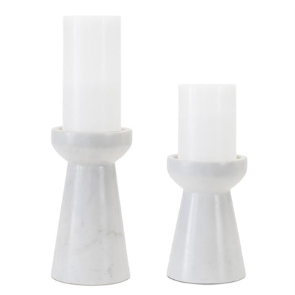 Set of Two White And Gray Marble Tabletop Pillar Candle Holders HomeRoots