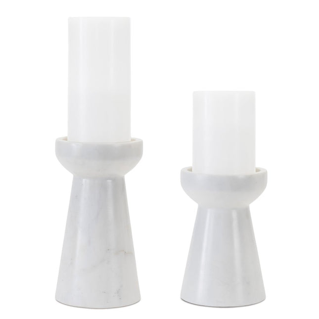 Set of Two White And Gray Marble Tabletop Pillar Candle Holders HomeRoots