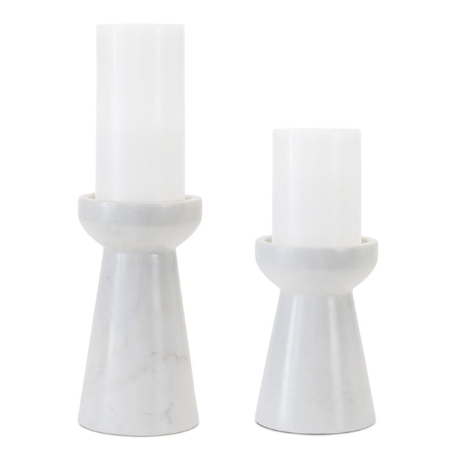 Set of Two White And Gray Marble Tabletop Pillar Candle Holders HomeRoots