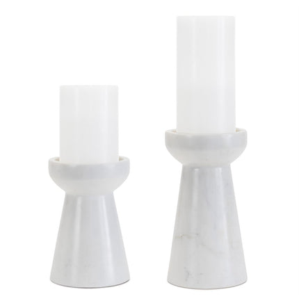 Set of Two White And Gray Marble Tabletop Pillar Candle Holders HomeRoots