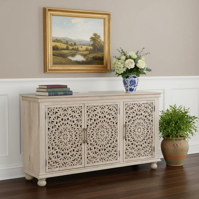 72" White Solid Wood Carved Floral Sideboard With Three Doors HomeRoots