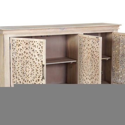 72" White Solid Wood Carved Floral Sideboard With Three Doors HomeRoots