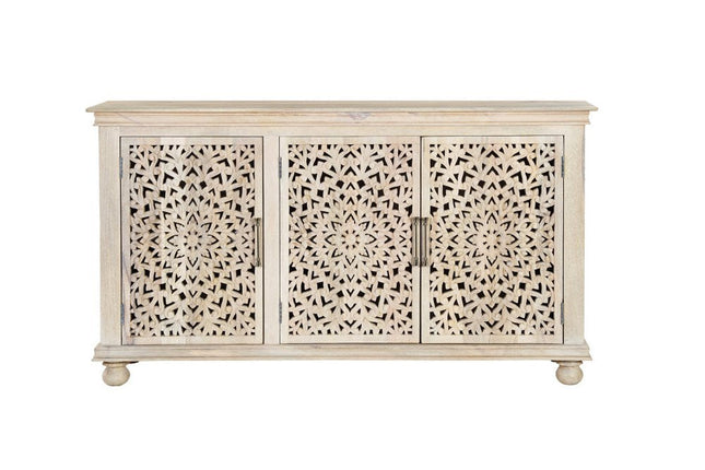 72" White Solid Wood Carved Floral Sideboard With Three Doors HomeRoots