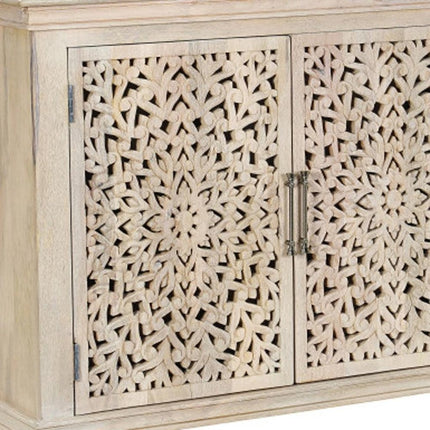 72" White Solid Wood Carved Floral Sideboard With Three Doors HomeRoots