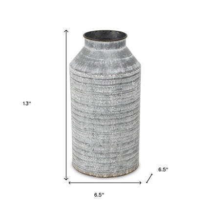 13" Gray Galvanized Metal Geometric Patterned Jug Vase