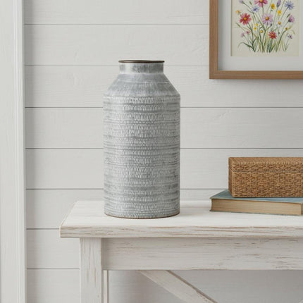 13" Gray Galvanized Metal Geometric Patterned Jug Vase