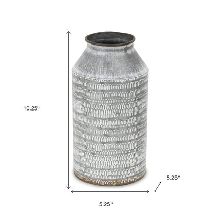 10" Gray Galvanized Metal Geometric Patterned Jug Vase