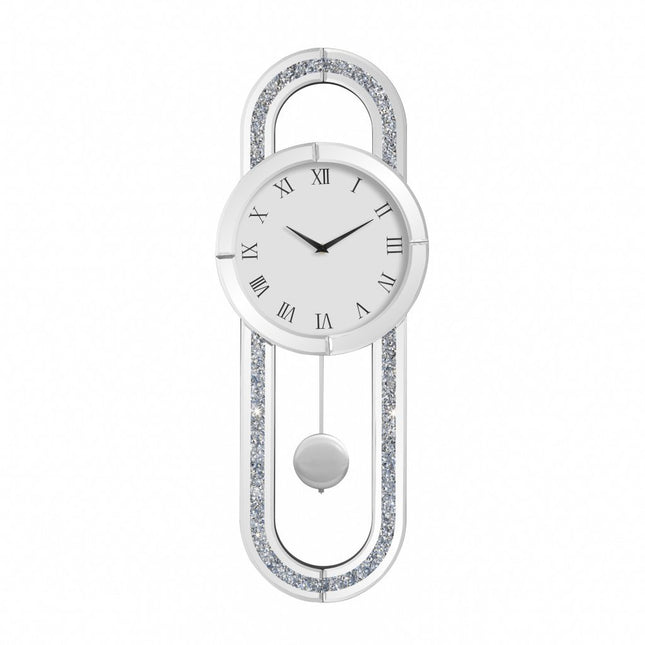 15" Silver Faux Crystal And Mirrored Glass Silent Analog Oval Wall Clock HomeRoots