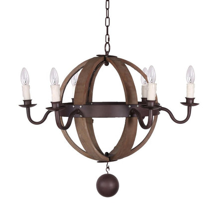 Brown And Black Wood and Metal Sphere Six Light Dimmable Chandelier HomeRoots