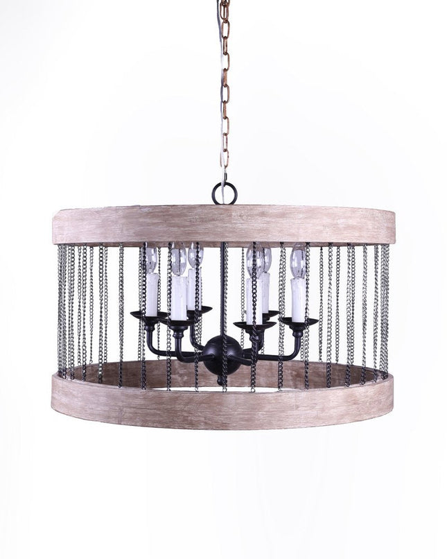 Black And Natural Wood and Metal Cylinder Six Light Dimmable Chandelier HomeRoots
