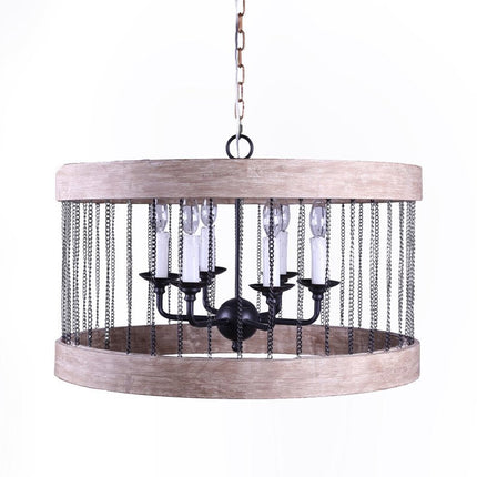Black And Natural Wood and Metal Cylinder Six Light Dimmable Chandelier HomeRoots