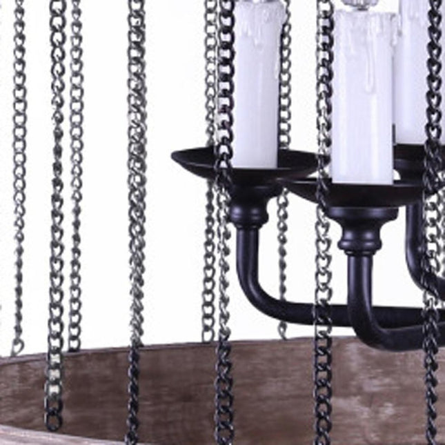 Black And Natural Wood and Metal Cylinder Six Light Dimmable Chandelier HomeRoots