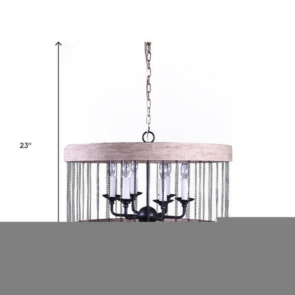 Black And Natural Wood and Metal Cylinder Six Light Dimmable Chandelier HomeRoots