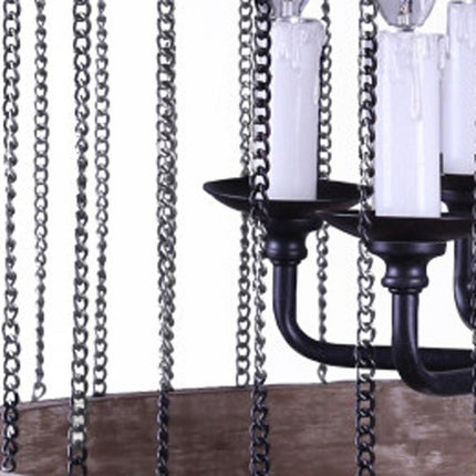 Black And Natural Wood and Metal Cylinder Six Light Dimmable Chandelier HomeRoots