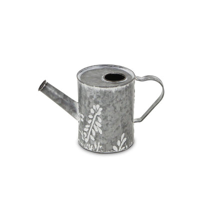6" Gray And White Galvanized Metal Flowers Hand Painted Decorative Watering Can HomeRoots