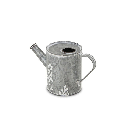 6" Gray And White Galvanized Metal Flowers Hand Painted Decorative Watering Can