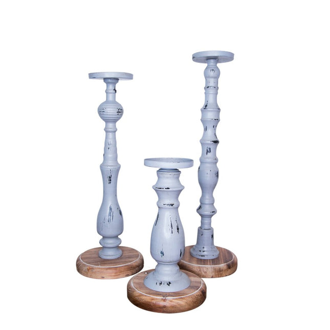 Set of Three Gray Distressed Wood Tabletop Pillar Candle Holders HomeRoots