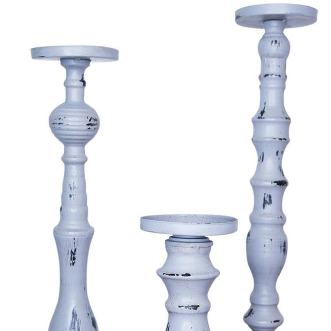 Set of Three Gray Distressed Wood Tabletop Pillar Candle Holders HomeRoots