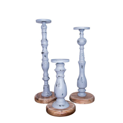 Set of Three Gray Distressed Wood Tabletop Pillar Candle Holders HomeRoots