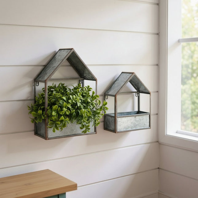 Set of Two Gray Galvanized Metal Novelty House Shaped Hanging Planters HomeRoots