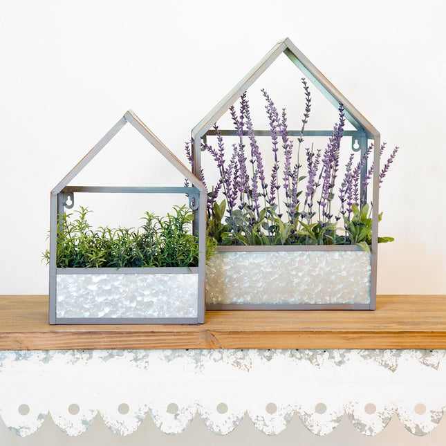 Set of Two Gray Galvanized Metal Novelty House Shaped Hanging Planters HomeRoots
