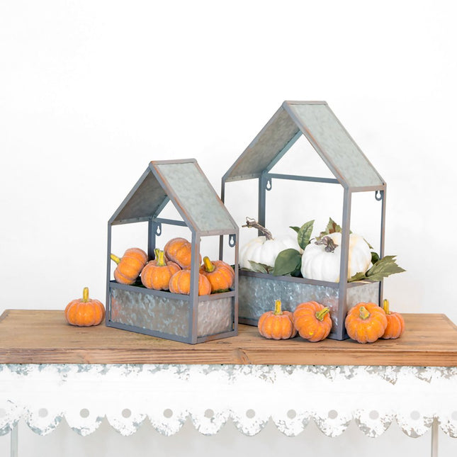 Set of Two Gray Galvanized Metal Novelty House Shaped Hanging Planters HomeRoots