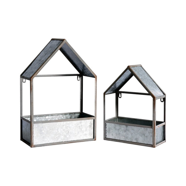 Set of Two Gray Galvanized Metal Novelty House Shaped Hanging Planters HomeRoots