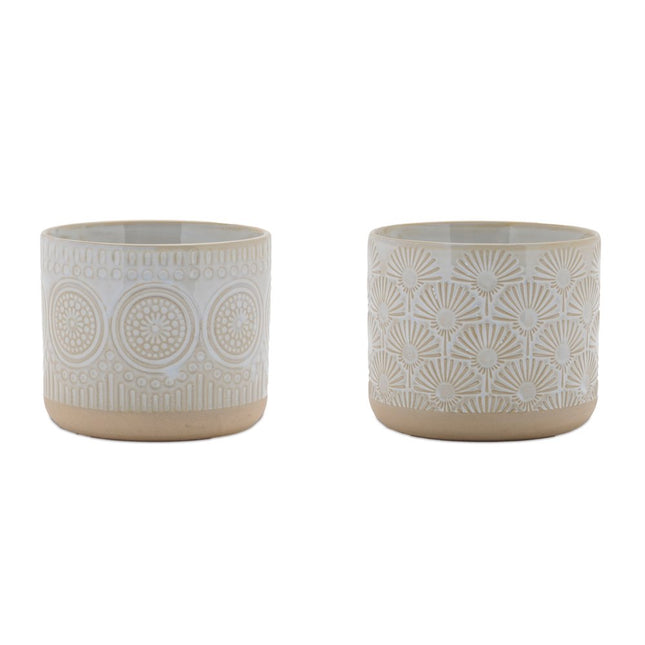Set of Two Beige And White Porcelain 1 Ounce Geometric Round Pot Planters HomeRoots