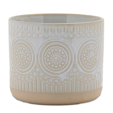 Set of Two Beige And White Porcelain 1 Ounce Geometric Round Pot Planters HomeRoots
