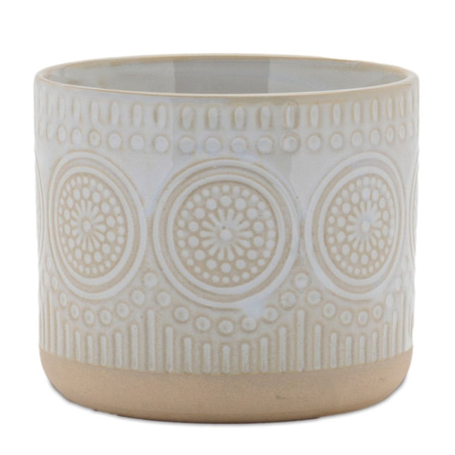 Set of Two Beige And White Porcelain 1 Ounce Geometric Round Pot Planters HomeRoots