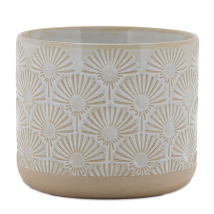 Set of Two Beige And White Porcelain 1 Ounce Geometric Round Pot Planters HomeRoots