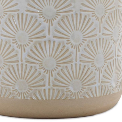 Set of Two Beige And White Porcelain 1 Ounce Geometric Round Pot Planters HomeRoots