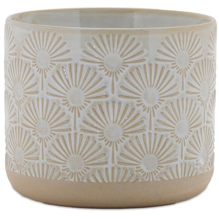Set of Two Beige And White Porcelain 1 Ounce Geometric Round Pot Planters HomeRoots