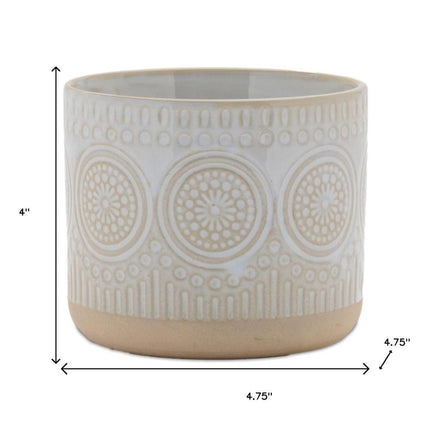 Set of Two Beige And White Porcelain 1 Ounce Geometric Round Pot Planters HomeRoots
