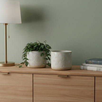 Set of Two Beige And White Porcelain 1 Ounce Geometric Round Pot Planters HomeRoots