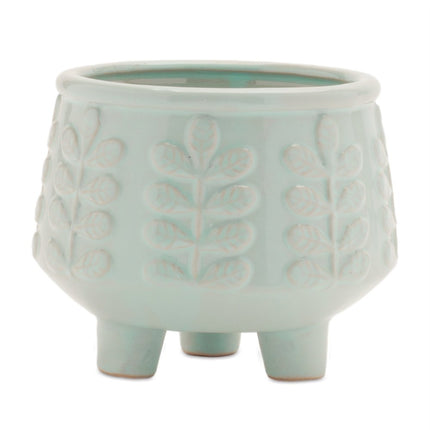 Set of Four Teal Blue Ceramic 1 Ounce Leaf Round Pot Planters HomeRoots