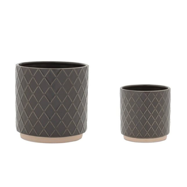 Set of Two Beige And Gray Ceramic 1 Ounce Lattice Round Pot Planters HomeRoots