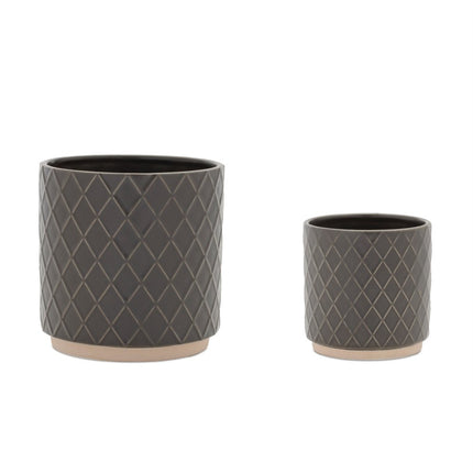 Set of Two Beige And Gray Ceramic 1 Ounce Lattice Round Pot Planters HomeRoots