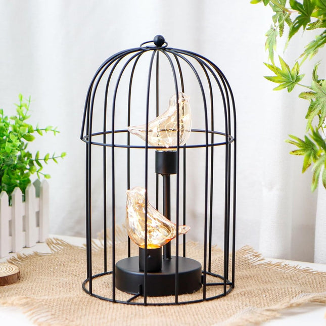 12" Black Battery Operated Round Lamp With Bird Cage Shade HomeRoots