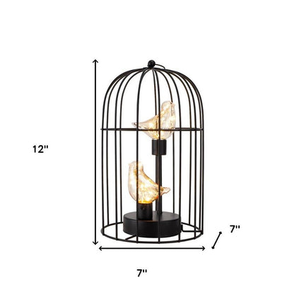 12" Black Battery Operated Round Lamp With Bird Cage Shade HomeRoots