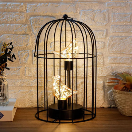 12" Black Battery Operated Round Lamp With Bird Cage Shade HomeRoots