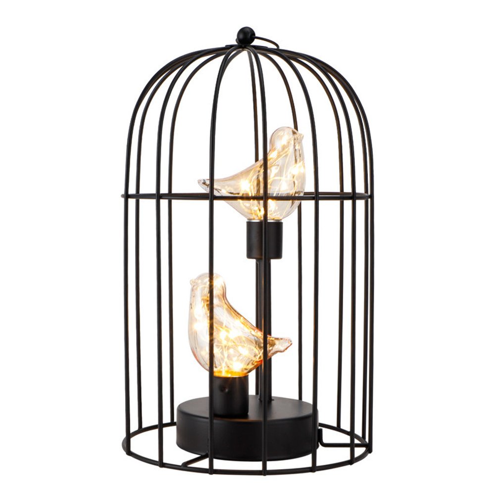 12" Black Battery Operated Round Lamp With Bird Cage Shade