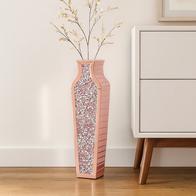 27" Pink Mirrored Glass Floor Vase With Faux Crystals HomeRoots