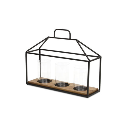 15" Black Metal Glass And Wood Geometric Three Light Hurricane Candle Holder