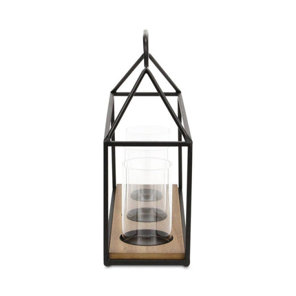15" Black Metal Glass And Wood Geometric Three Light Hurricane Candle Holder