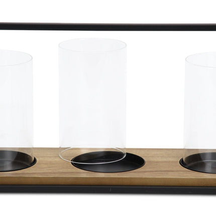15" Black Metal Glass And Wood Geometric Three Light Hurricane Candle Holder