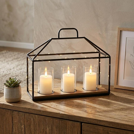 15" Black Metal Glass And Wood Geometric Three Light Hurricane Candle Holder