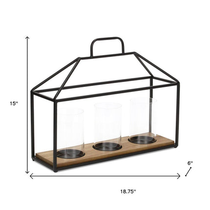 15" Black Metal Glass And Wood Geometric Three Light Hurricane Candle Holder