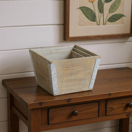 Set of Three Natural And Silver Metal And Wood 217 Ounce Square Distressed Planter Boxes HomeRoots